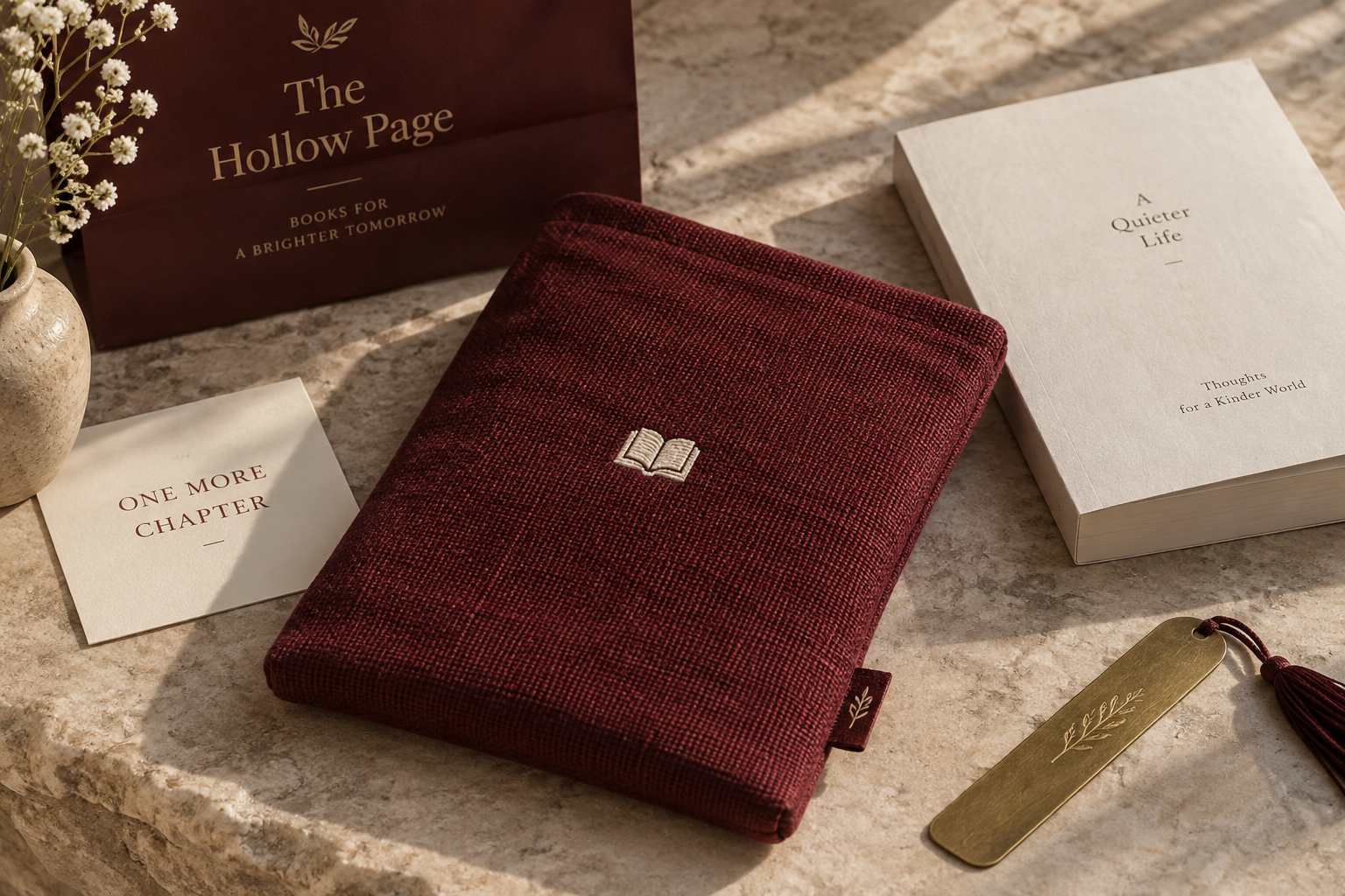 Burgundy book sleeve and brass bookmark for a reading challenge